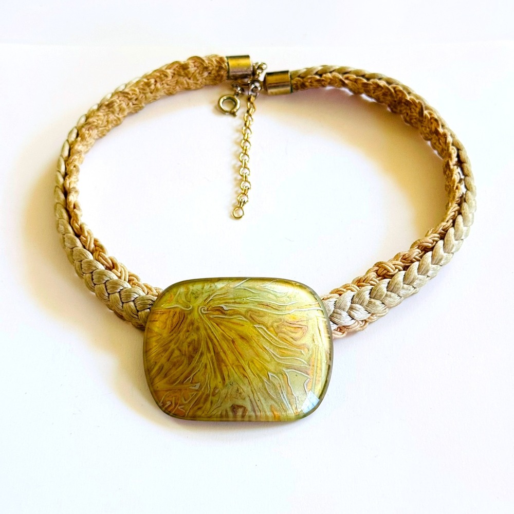 VTG Gloria Gordon necklace collar Scenic gold leaf statement Chunky Artisan 80s